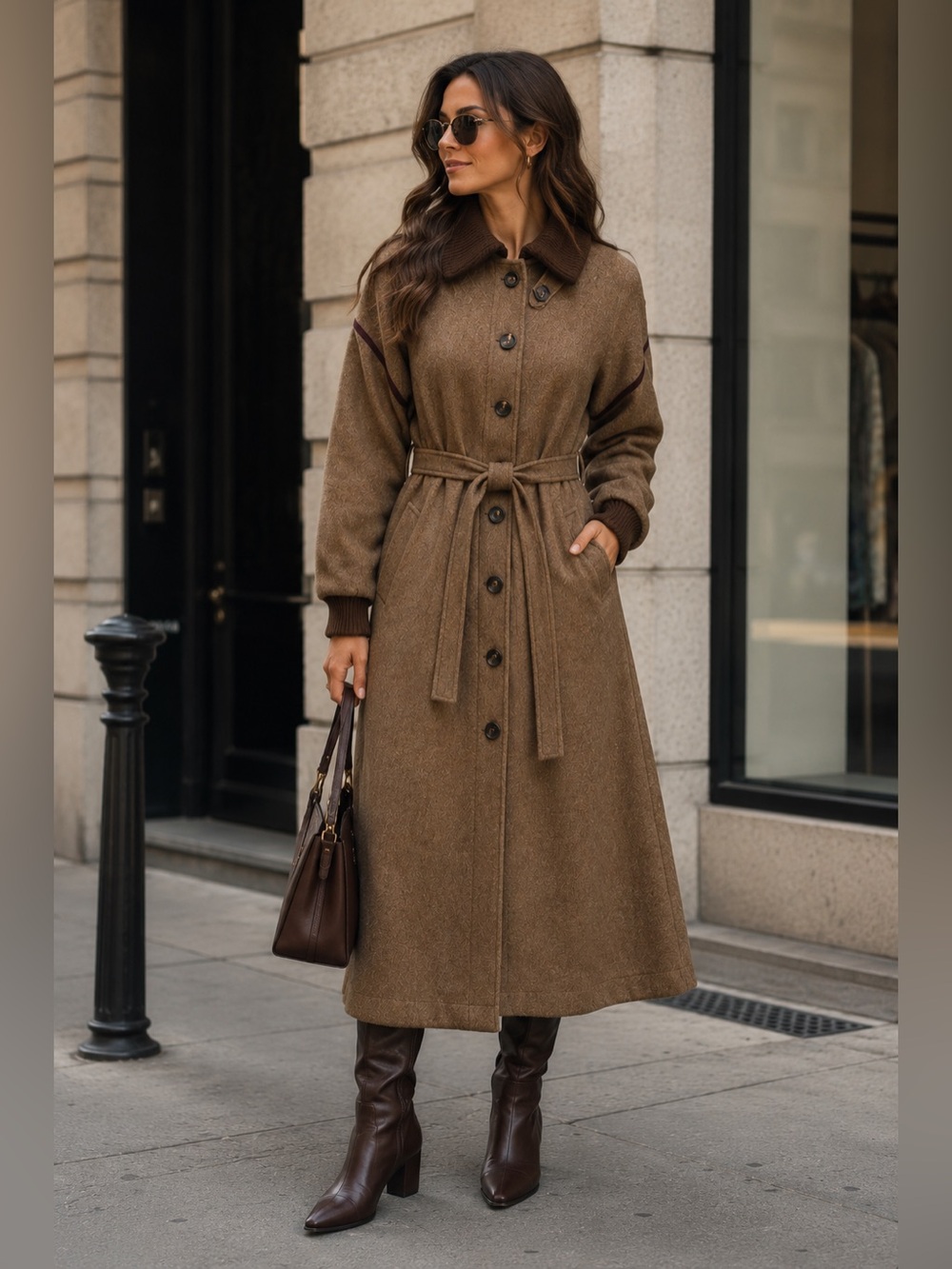 Vintage American Bazaar Wool Tweed Tan Brown Belted Button Trench Coat Small